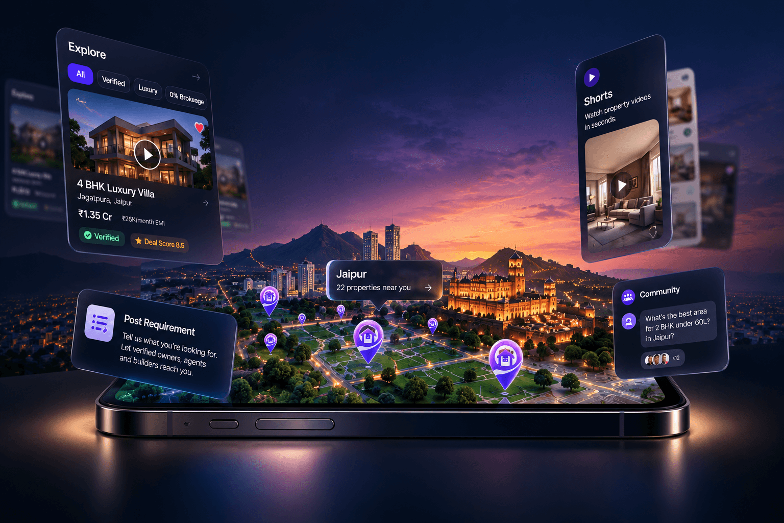 MasterAcres app experience rising from a phone — Explore, Shorts, Requirements, and Community